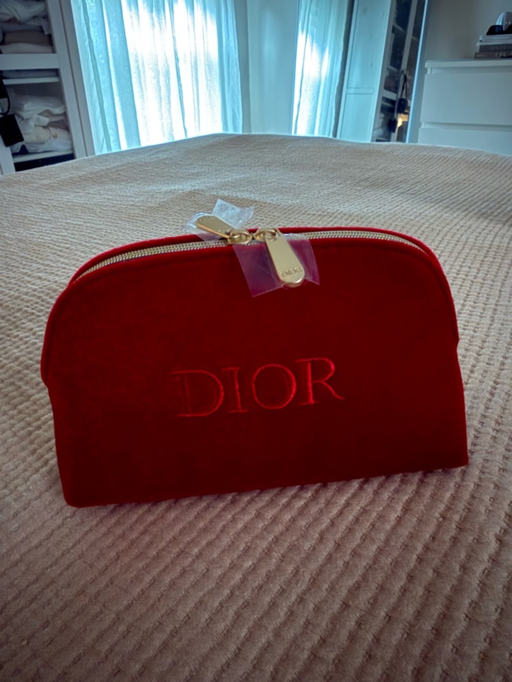 Dior Red Velvet Cosmetic Pouch with Gold Zipper Pulls Brand New